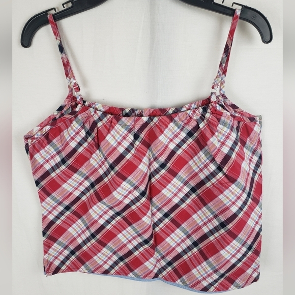 OCI Red Multicolored Spagetti Strap Cotton Cropped Shirt Sz M - Picture 3 of 9